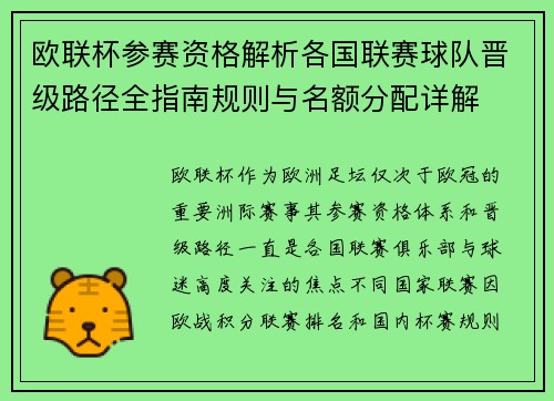 欧联杯参赛资格解析各国联赛球队晋级路径全指南规则与名额分配详解